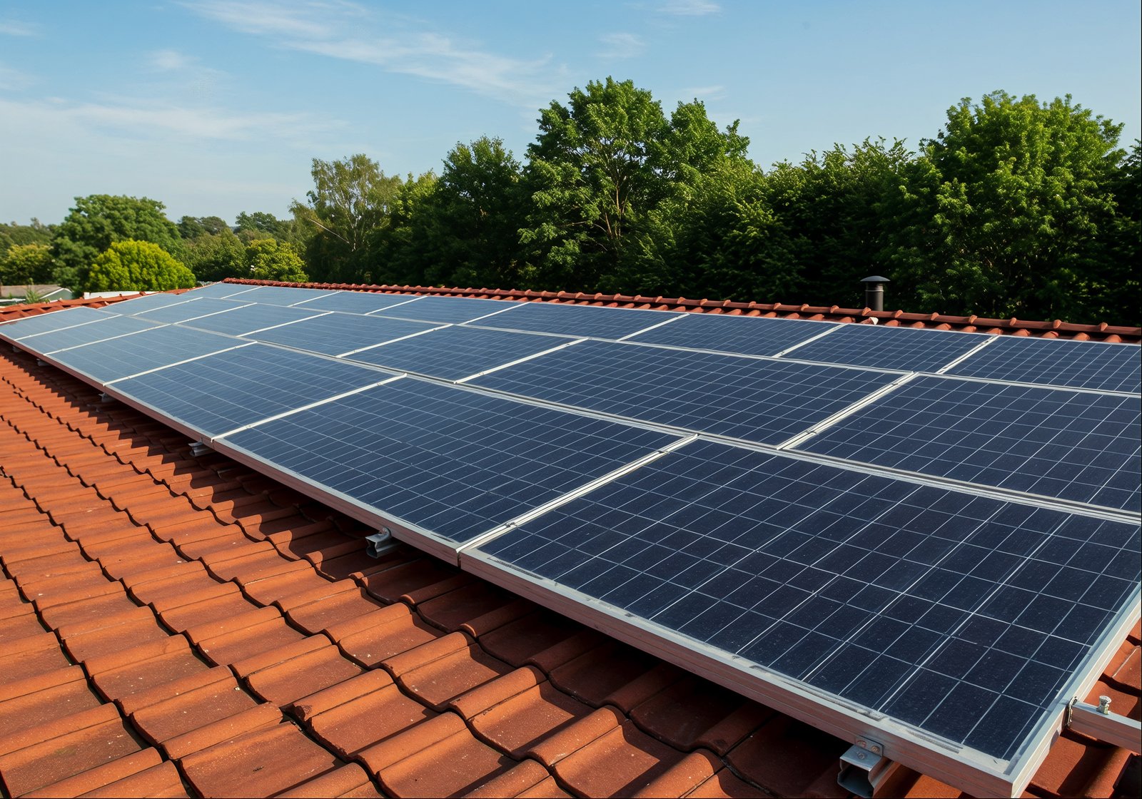 Solar panels installed on a red tile roof